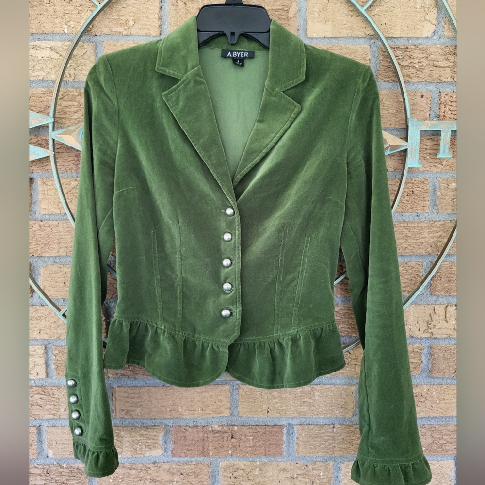 Vintage Y2K A. Byer Green Velvet Pleated Ruffled Blazer Womens Size Small